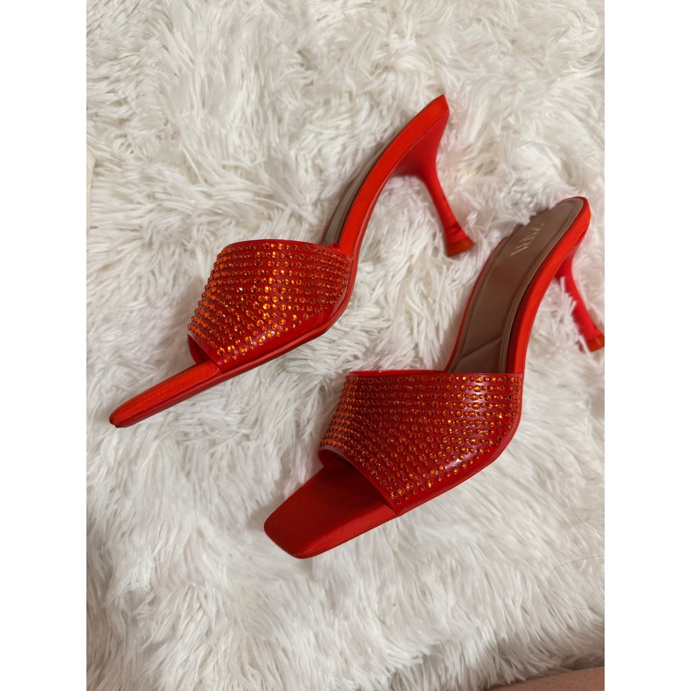 Zara Orange Satin Rhinestone Heeled Sandals Square Toe Mules Kitten Heel - Picture 3 of 4